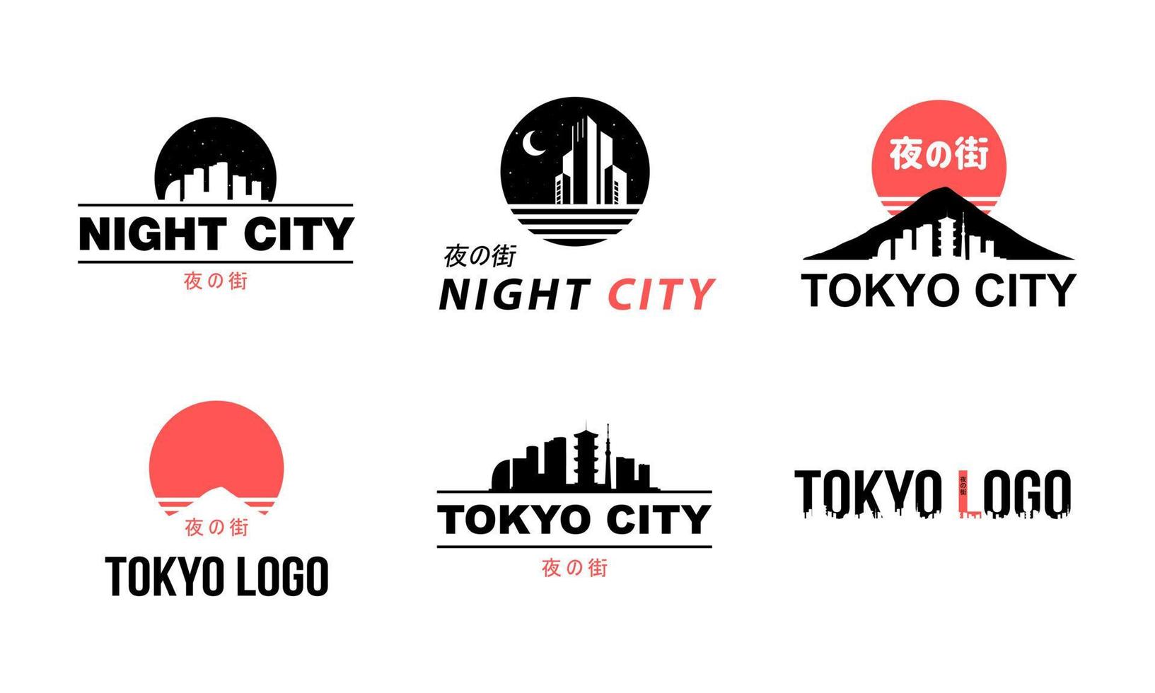 collection de logos de style oriental. ville de tokyo en alphabet japonais. ensemble japonais de graphiques vectoriels. conception de la ville nocturne de tokyo. étiquettes cyberpunk du japon. vecteur