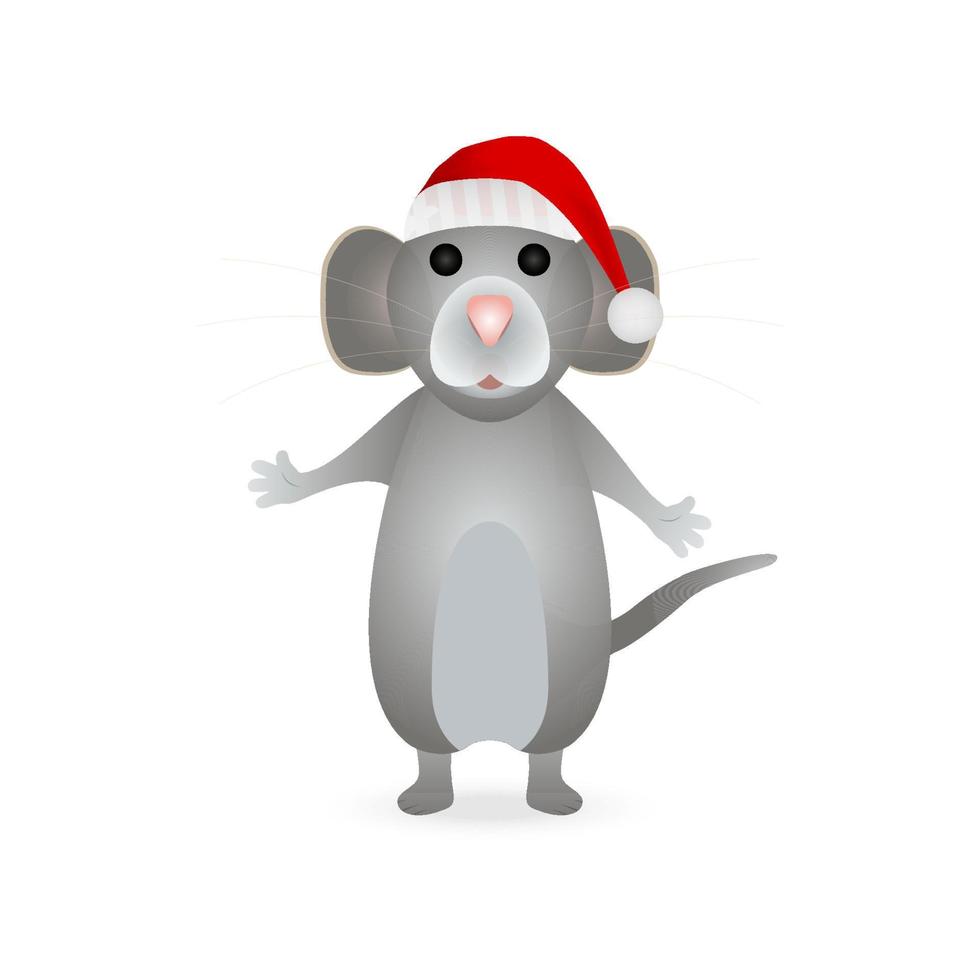 symbole de la souris grise du nouvel an 2020 dans un chapeau de père noël sur fond blanc vecteur