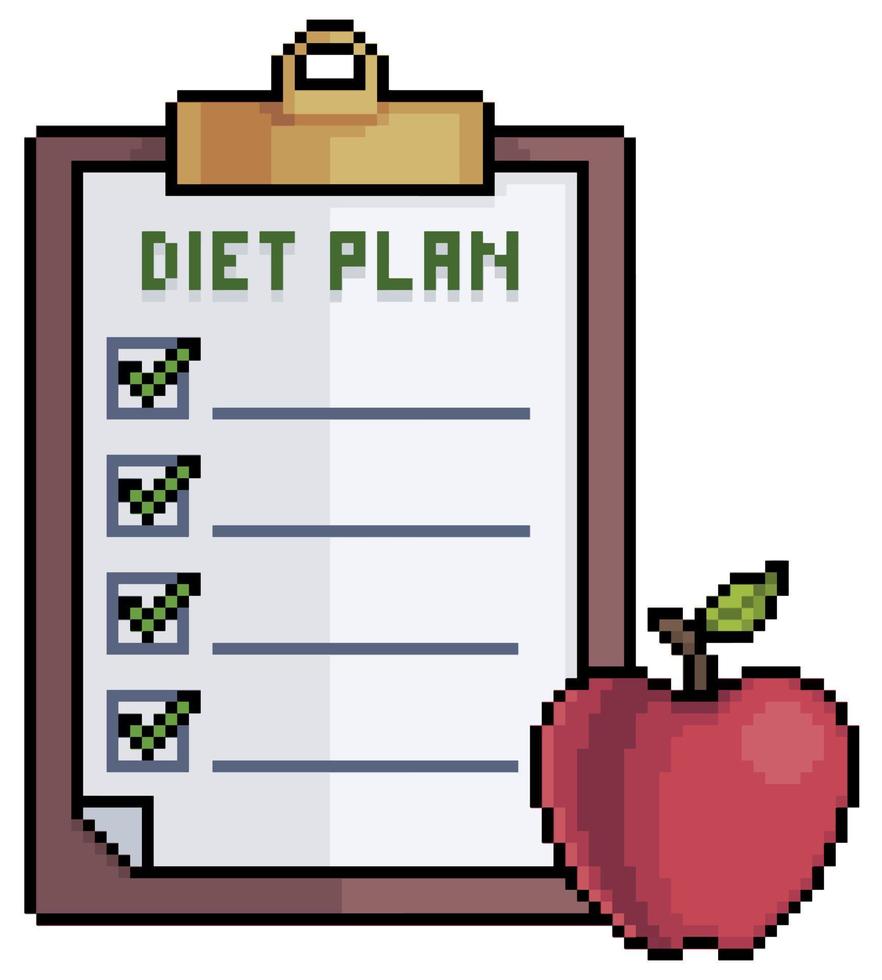 Presse-papiers pixel art avec régime alimentaire et pomme, icône vectorielle de plan nutritionnel pour jeu 8 bits sur fond blanc vecteur