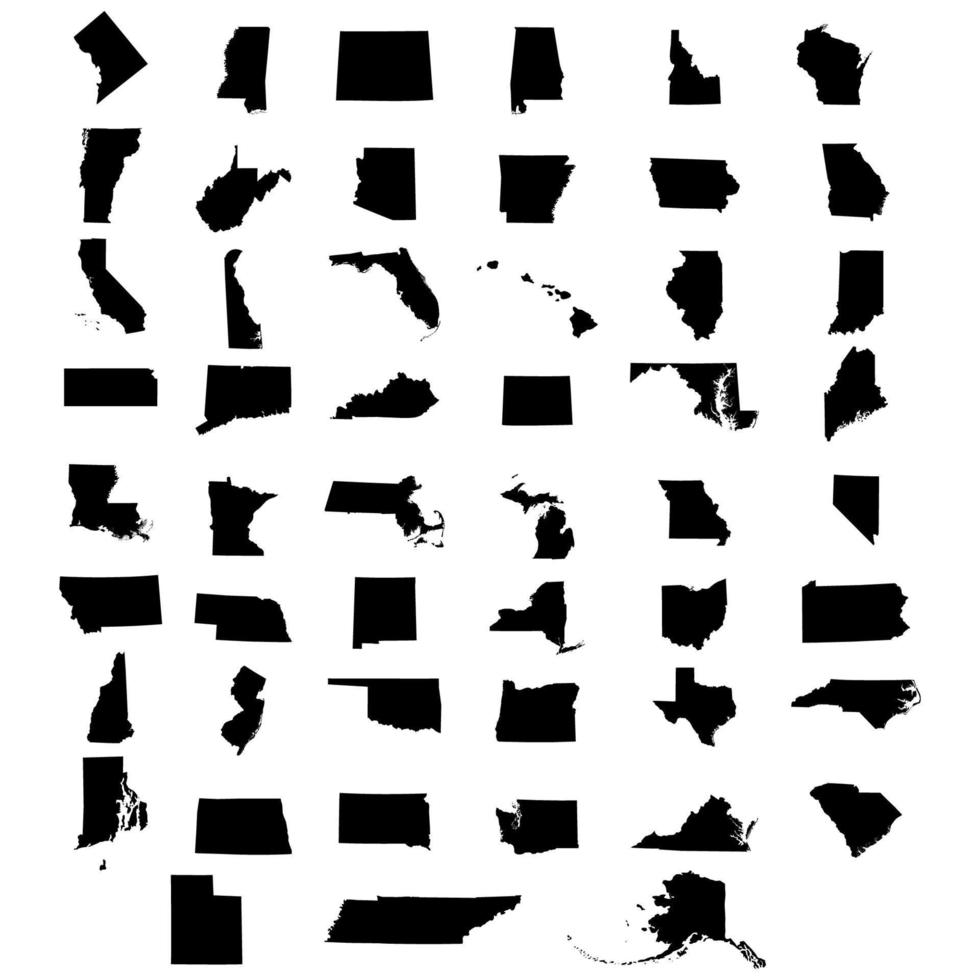 collection complète des états des états-unis et du district de columbia. silhouettes d'icônes sur fond blanc vecteur
