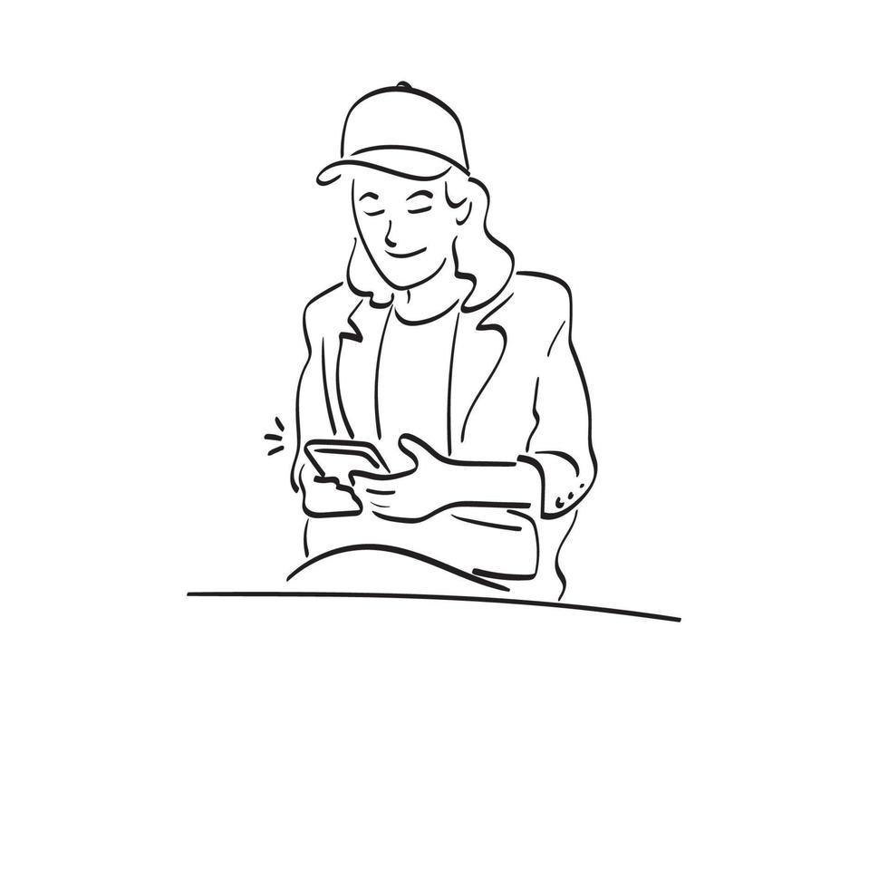 dessin au trait femme d'affaires avec casquette à l'aide de smartphone illustration vecteur dessiné à la main isolé sur fond blanc