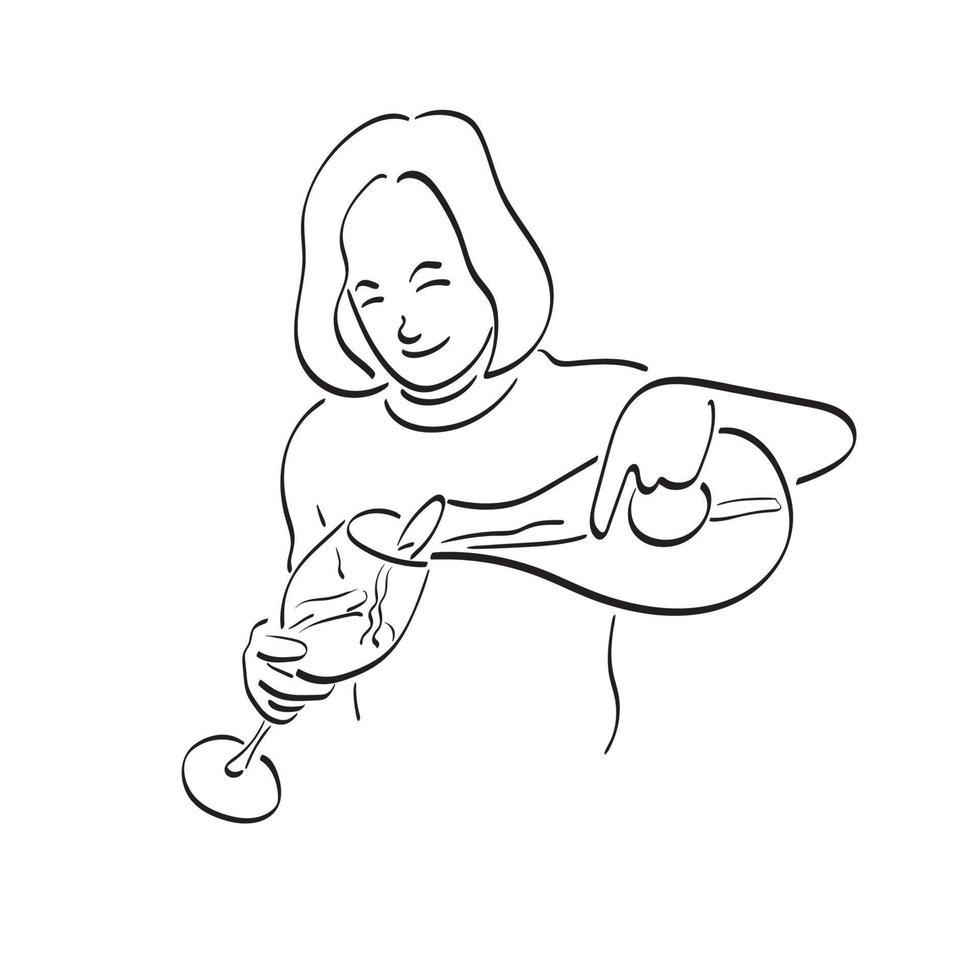 femme versant gagner sur le verre illustration vecteur dessiné à la main isolé sur fond blanc dessin au trait.