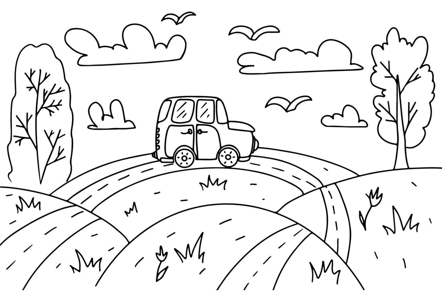 page de coloriage pour les enfants. paysage avec collines, nuages, champs, arbres, voiture et oiseaux. illustration vectorielle dessinée à la main dans un style doodle. livre d'activités pour les enfants. vecteur