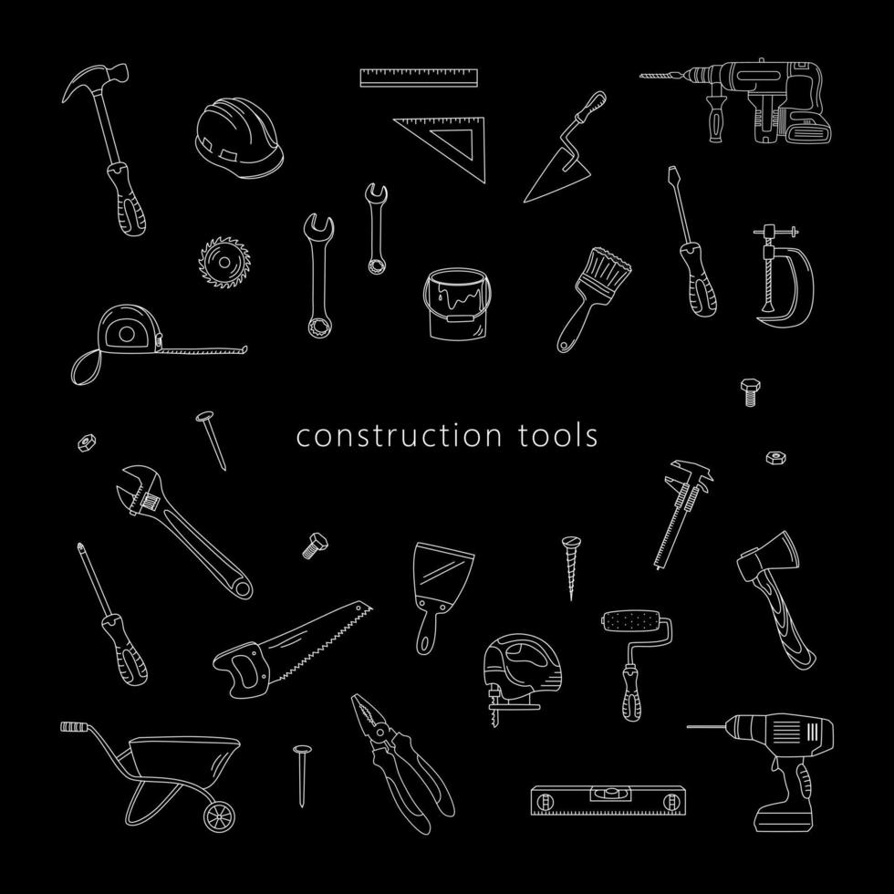 outils de chantier. contour des éléments dessinés à la main. le concept de rénovation domiciliaire, construction. vecteur