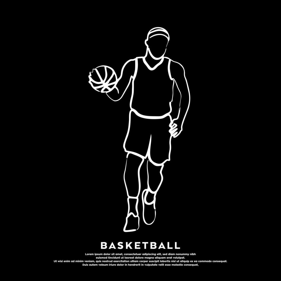 Dessin au trait blanc vecteur de joueur de basket-ball professionnel isolé sur fond noir