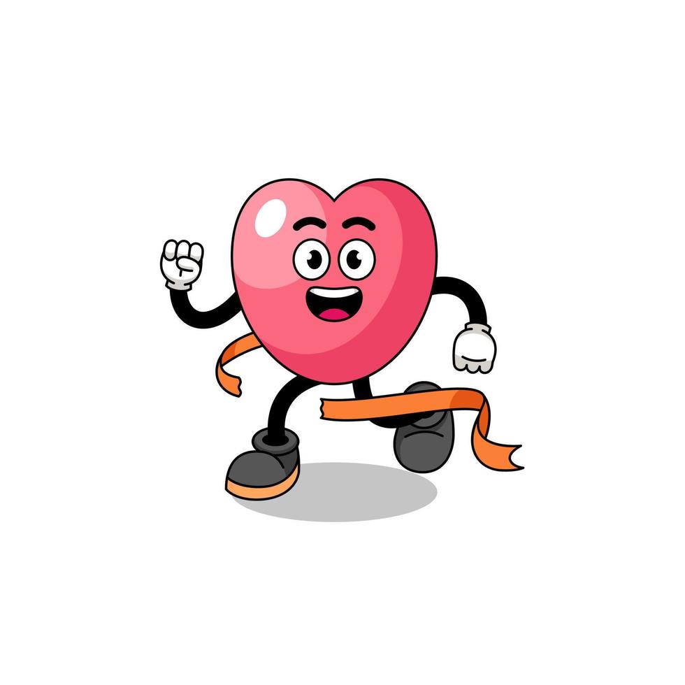 Caricature de mascotte du symbole du coeur en cours d'exécution sur la ligne d'arrivée vecteur