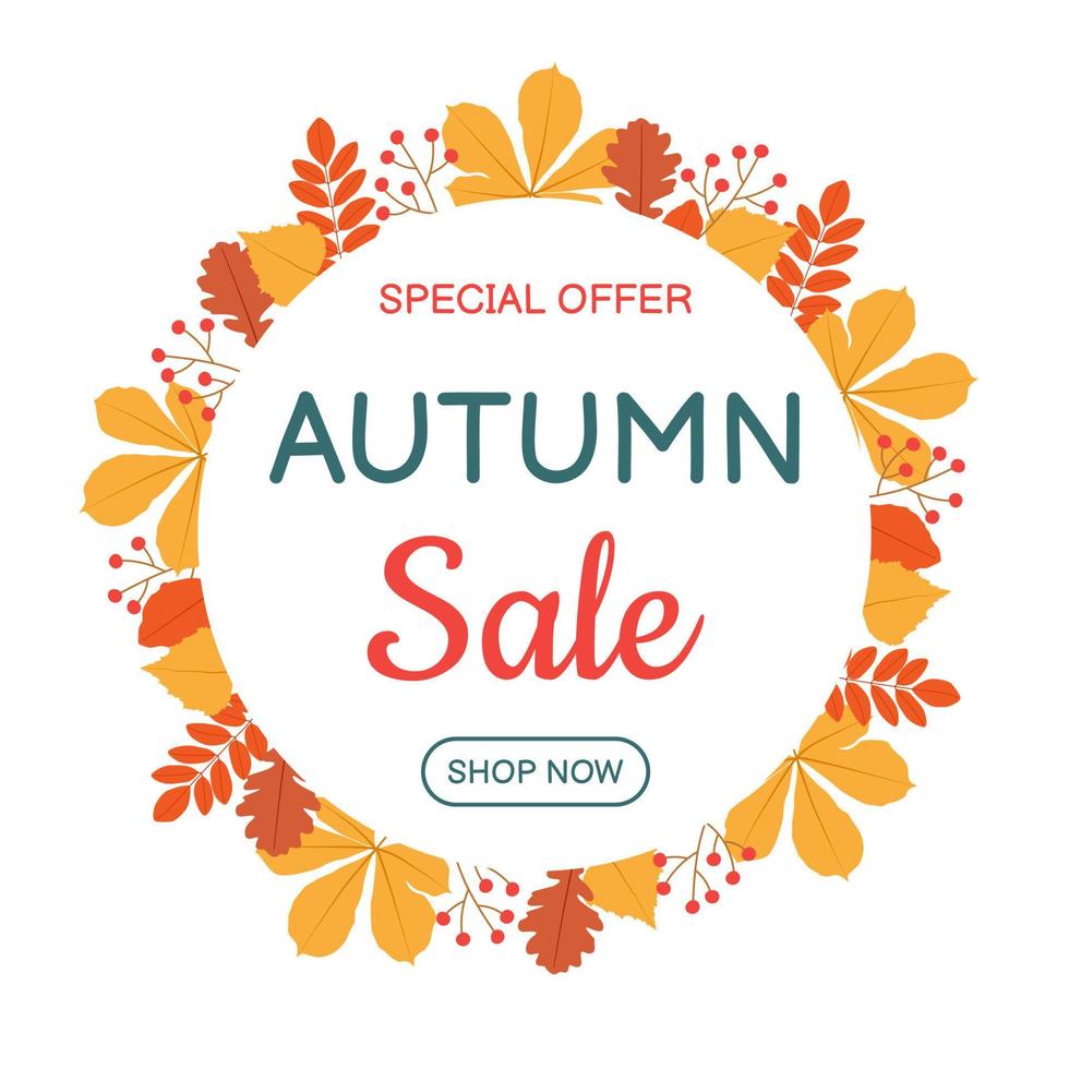 bannière de vente avec des feuilles d'automne et des baies. fond d'automne. idéal pour la vente d'achats, l'affiche promotionnelle ou la bannière Web. vecteur