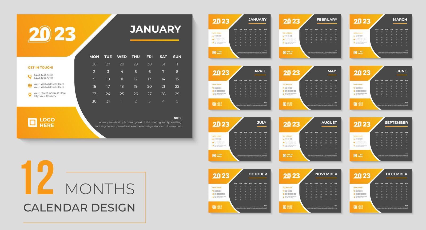 bonne année 2023 conception de calendrier de bureau, modèle de calendriers imprimables d'événements mensuels et annuels vecteur