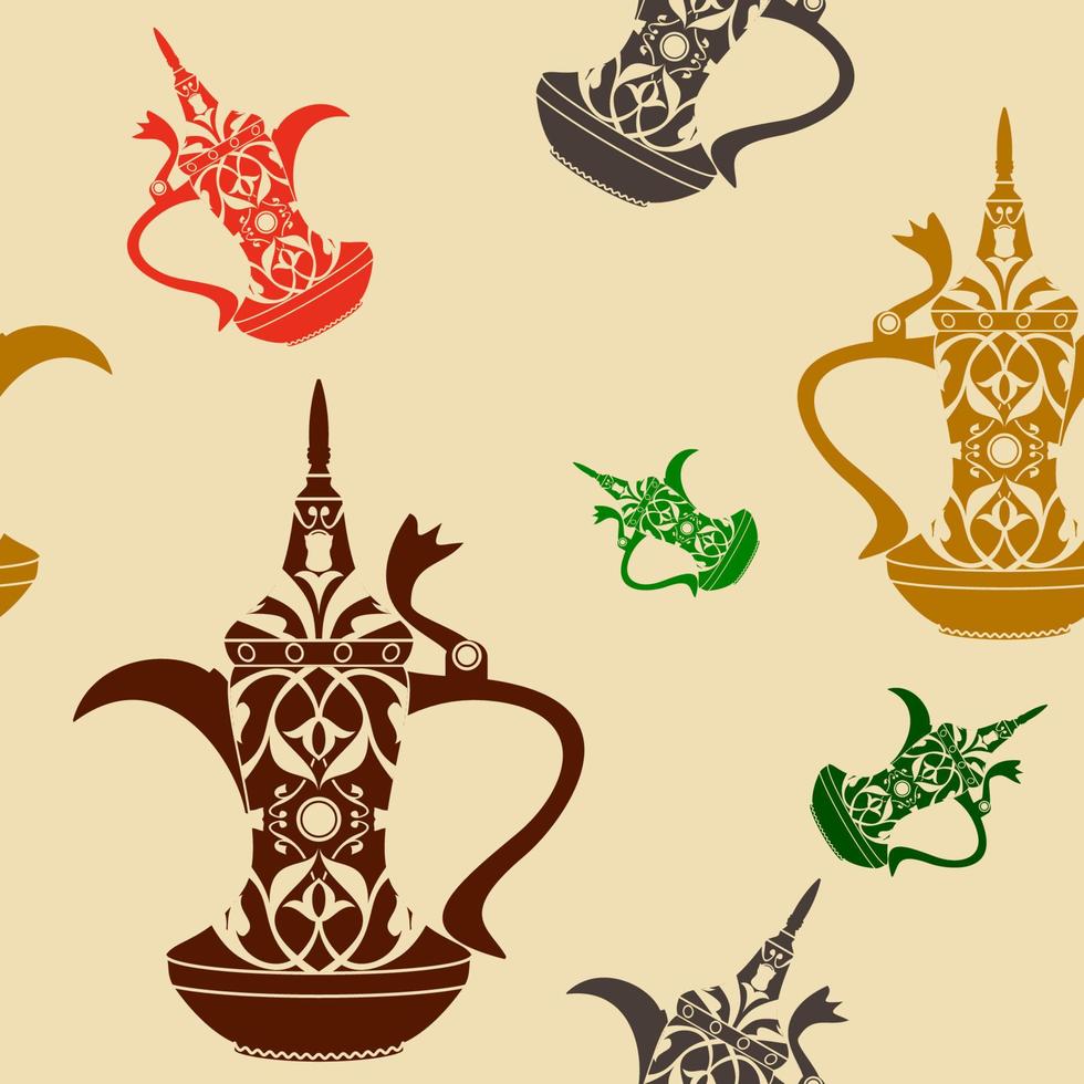 illustration vectorielle de pots de café arabe dallah à motifs plats monochromes modifiables modèle sans couture pour créer un arrière-plan de café de tradition de la culture du moyen-orient et des moments islamiques liés à la conception vecteur