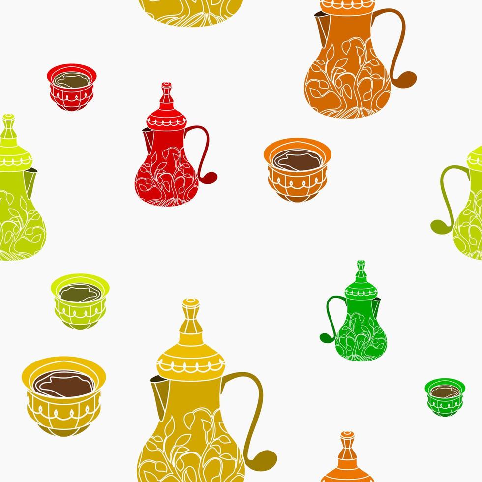 pots de café dallah bulbeux à motifs modifiables et illustration vectorielle de tasses finjan en différentes couleurs comme modèle sans couture pour le fond du café de la tradition de la culture arabe et la conception liée aux moments islamiques vecteur