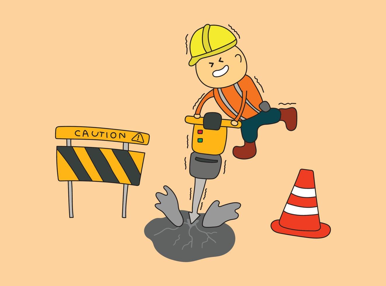 enfants dessinant une illustration vectorielle d'un travailleur de la construction drôle forant une route avec un marteau-piqueur dans un style de dessin animé vecteur