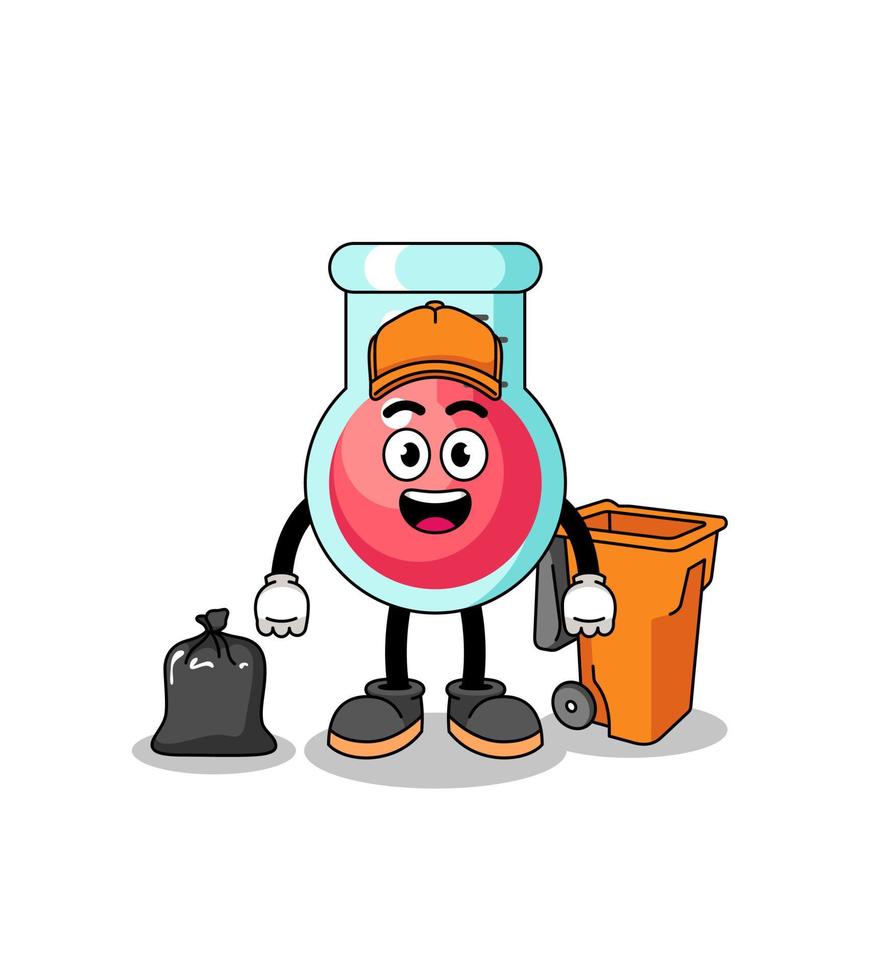 illustration d'un dessin animé de bécher de laboratoire en tant que ramasseur d'ordures vecteur
