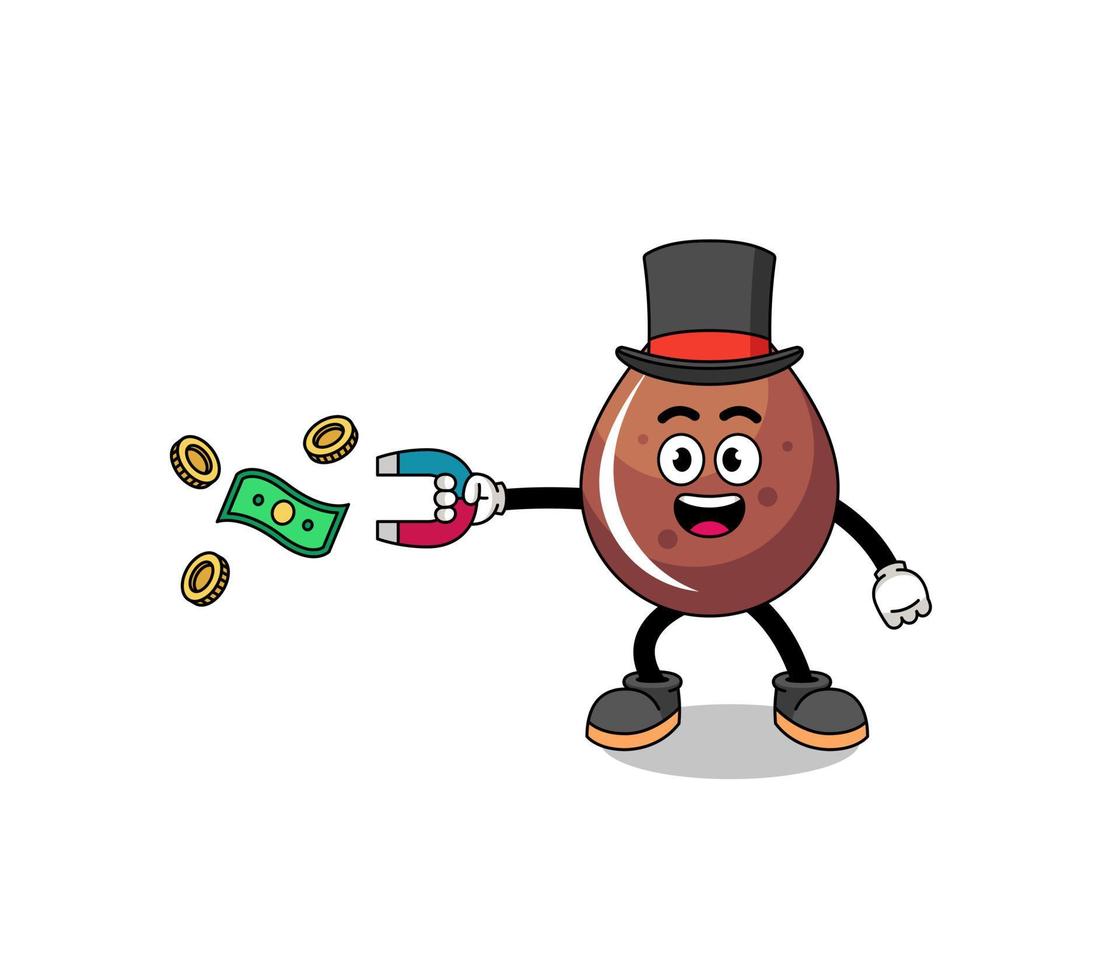 illustration de caractère d'une goutte de chocolat attrapant de l'argent avec un aimant vecteur