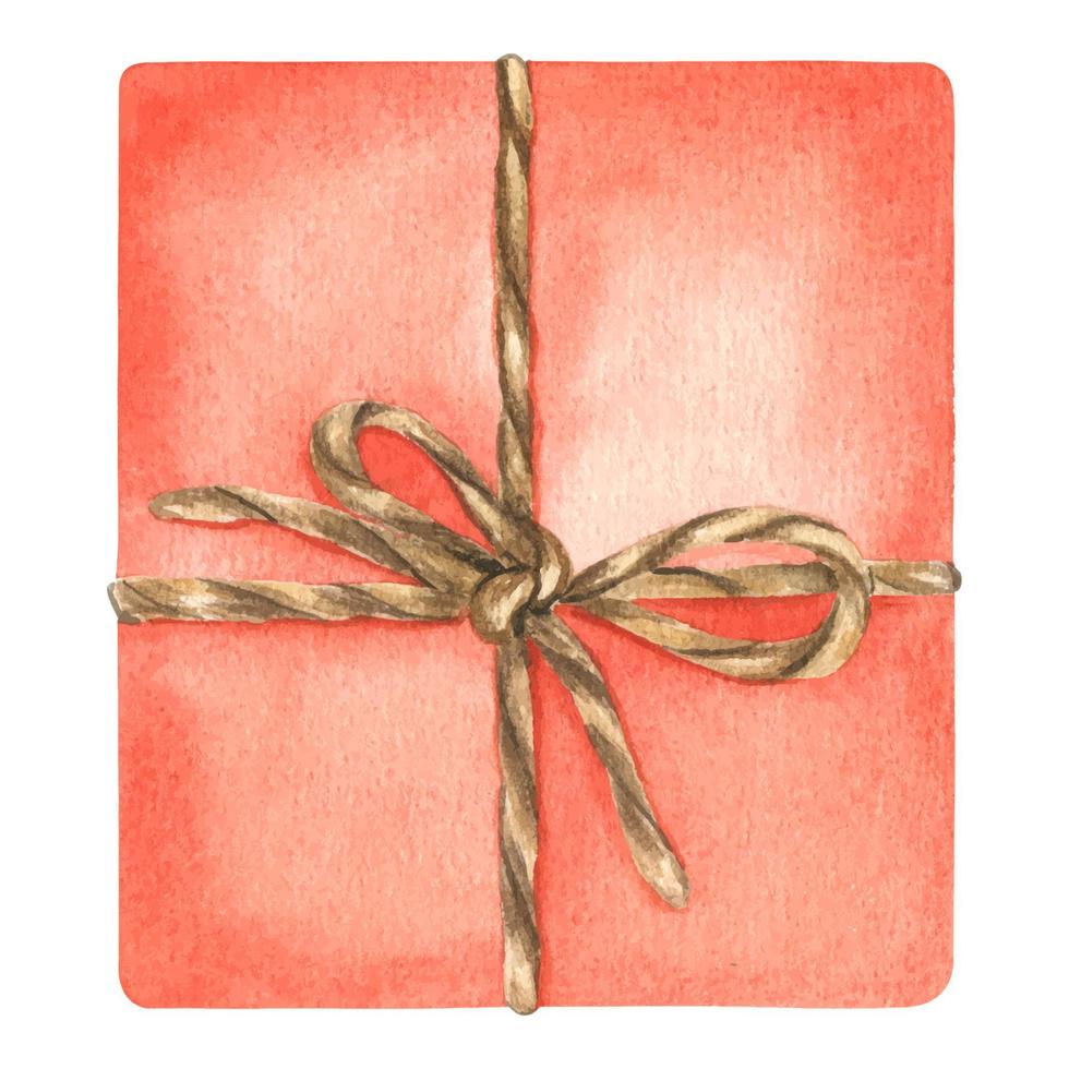 présente. belle boîte cadeau rouge avec noeud. illustration aquarelle dessinée à la main. coffret cadeau de noël avec noeud recouvert de papier décoratif. isolé vecteur