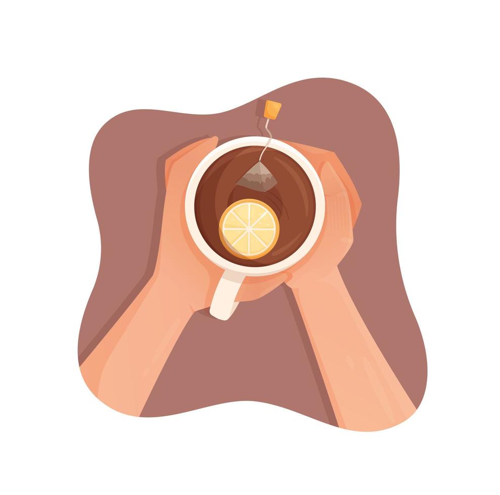 une tasse de thé pendant une pause dans la journée de travail. illustration vectorielle d'une tasse de thé chaud au citron. déjeuner au travail. vecteur