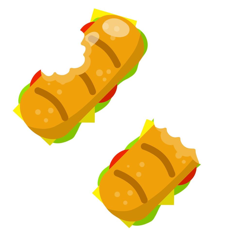sandwich et long burger avec viande et légumes. illustration plate de dessin animé. pain ciabatta. nourriture de rue et élément de restauration rapide vecteur