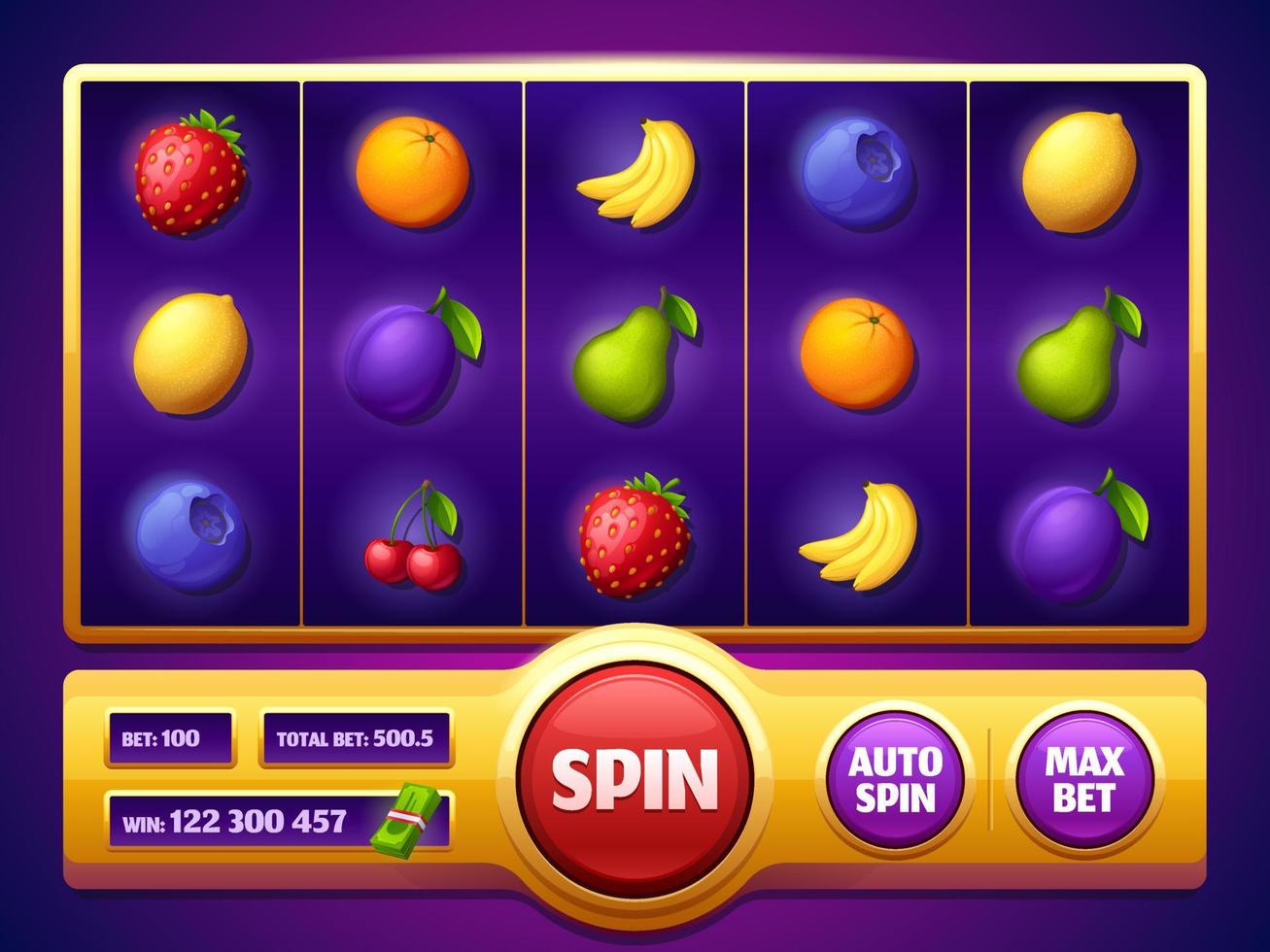 écran de jeu de machine à sous avec casino en ligne de fruits vecteur