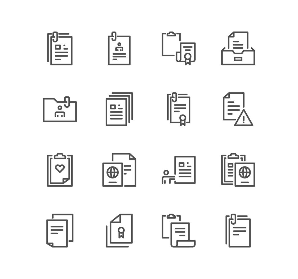 ensemble de documents et d'icônes papier, contrat, passeport, pages et vecteurs de variété linéaire. vecteur