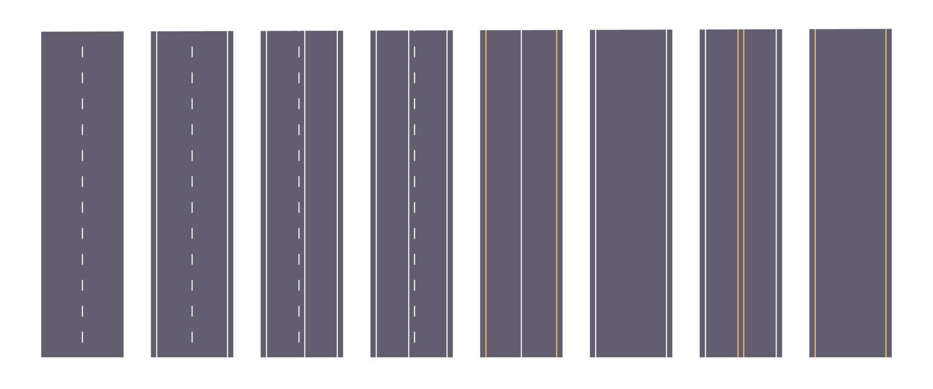 autoroutes asphaltées avec lignes pointillées ou pleines et illustration vectorielle plate de concept vertical de marquage routier. vecteur