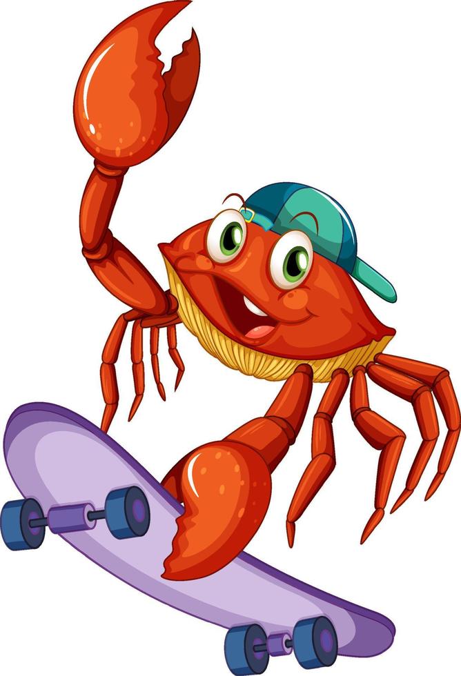 personnage de dessin animé de crabe mignon faisant de la planche à roulettes vecteur