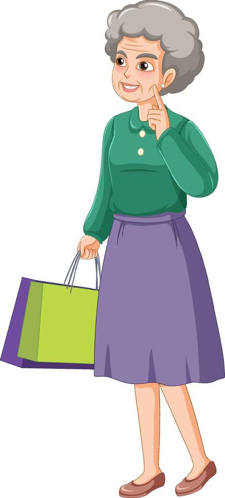 femme aînée, tenue, sac à provisions vecteur