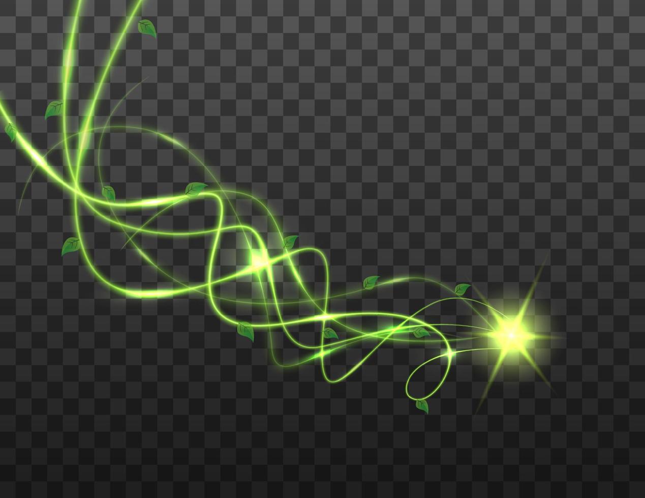 effet de vent de printemps en spirale verte avec étoile verte et feuilles sur fond transparent. effet de lignes brillantes vertes brillantes. illustration vectorielle vecteur
