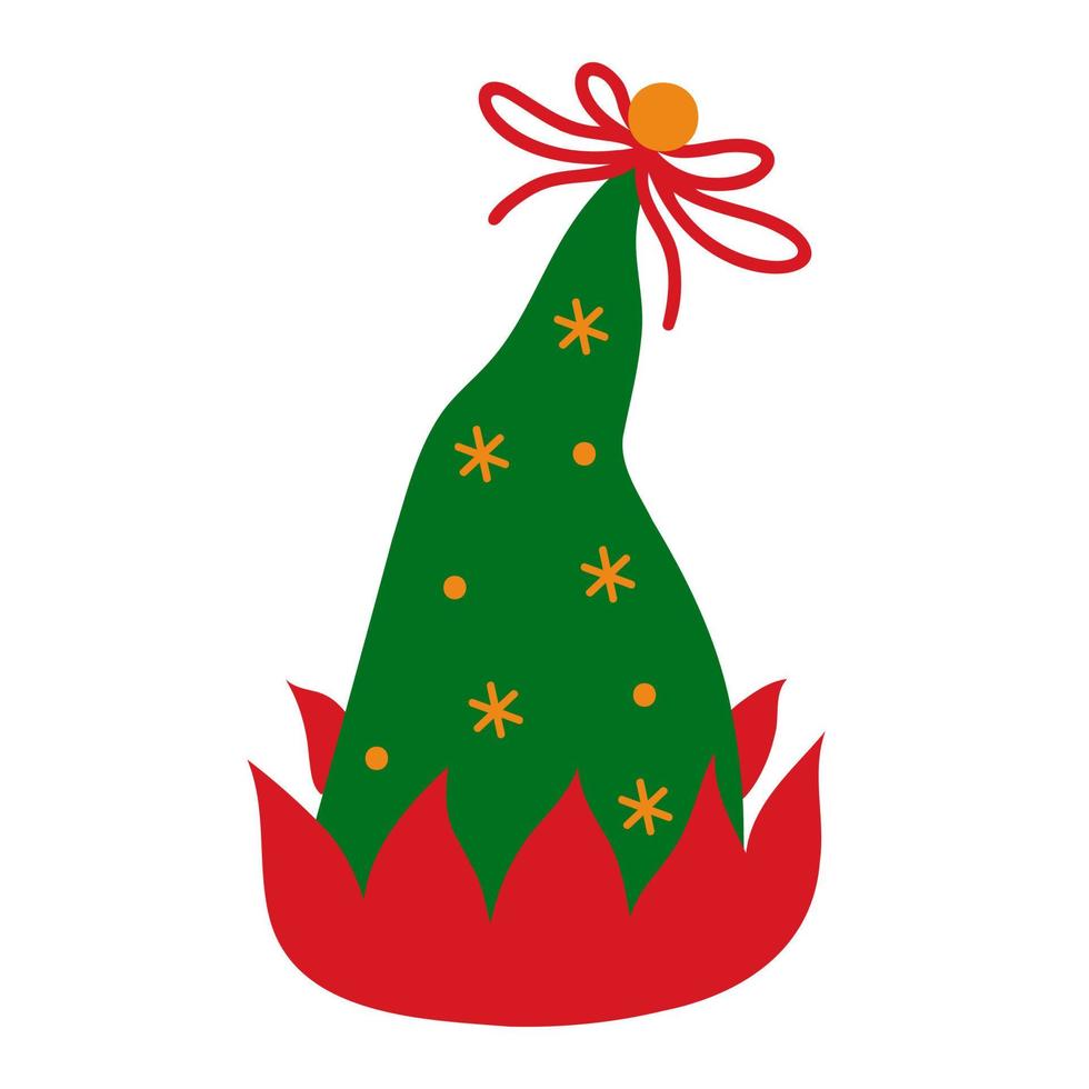 icône de vecteur de chapeau de lutin de Noël. une casquette verte traditionnelle avec un décor rouge, une clochette, un arc lumineux et des flocons de neige dorés. Coiffe d'aide du père noël. clipart de dessin animé plat isolé sur blanc