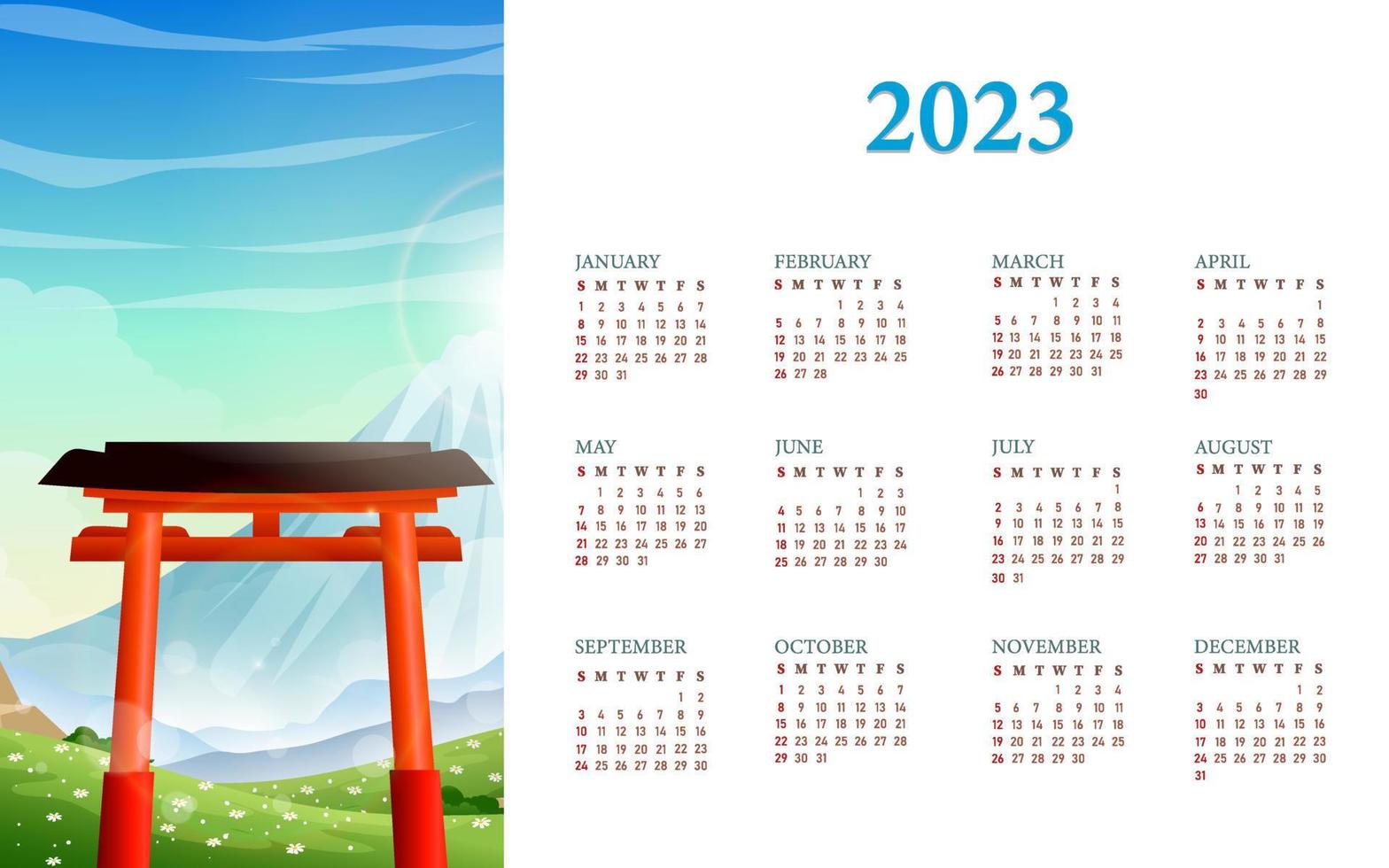 modèle de calendrier plat paysage nature 2023 vecteur