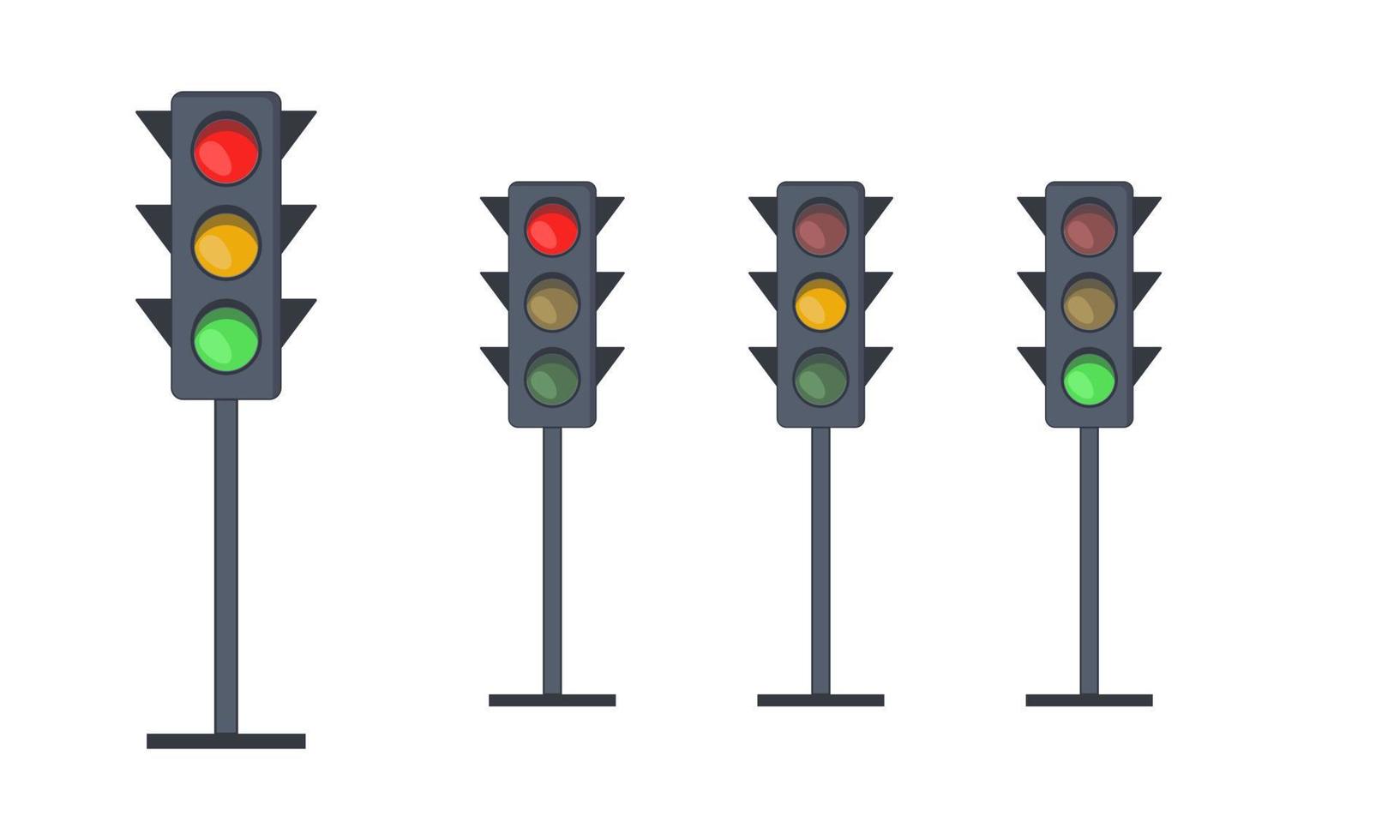 ensemble de feux de signalisation avec signaux rouges, jaunes et verts. feux rouges avec panneaux d'interdiction, d'autorisation et d'attente. équipement pour le contrôle de la circulation routière. vecteur