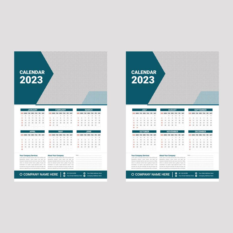 calendrier mural 2023, modèle de conception de calendrier mural de 2 pages vecteur