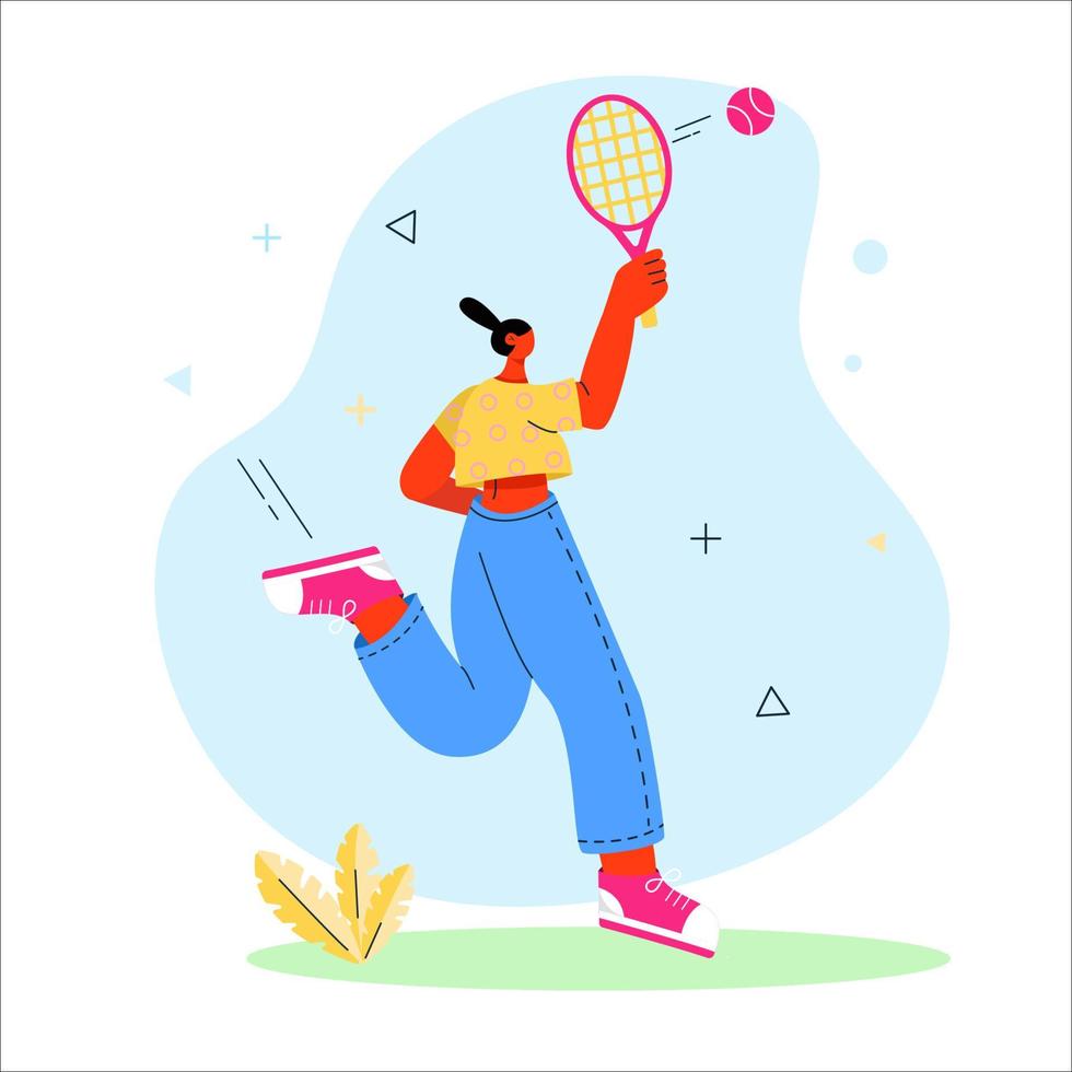 pratique du tennis. tir, concours de pose de match. un mode de vie actif. botter le ballon. une femme et une raquette. icône plate de caractère athlète vecteur