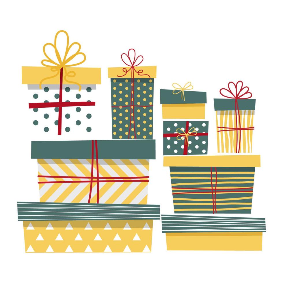 ensemble de coffrets cadeaux aux couleurs vert, rouge et jaune. collection d'objets clipart pour anniversaire, vacances, noël, cartes de nouvel an, bannières, concepts de vente. illustration vectorielle. vecteur