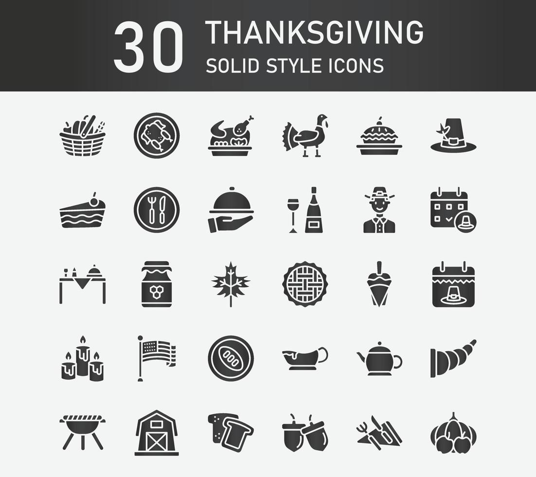 jeu d'icônes d'action de grâces. collection de thanksgiving différente, thanksgiving dans un style solide. vecteur