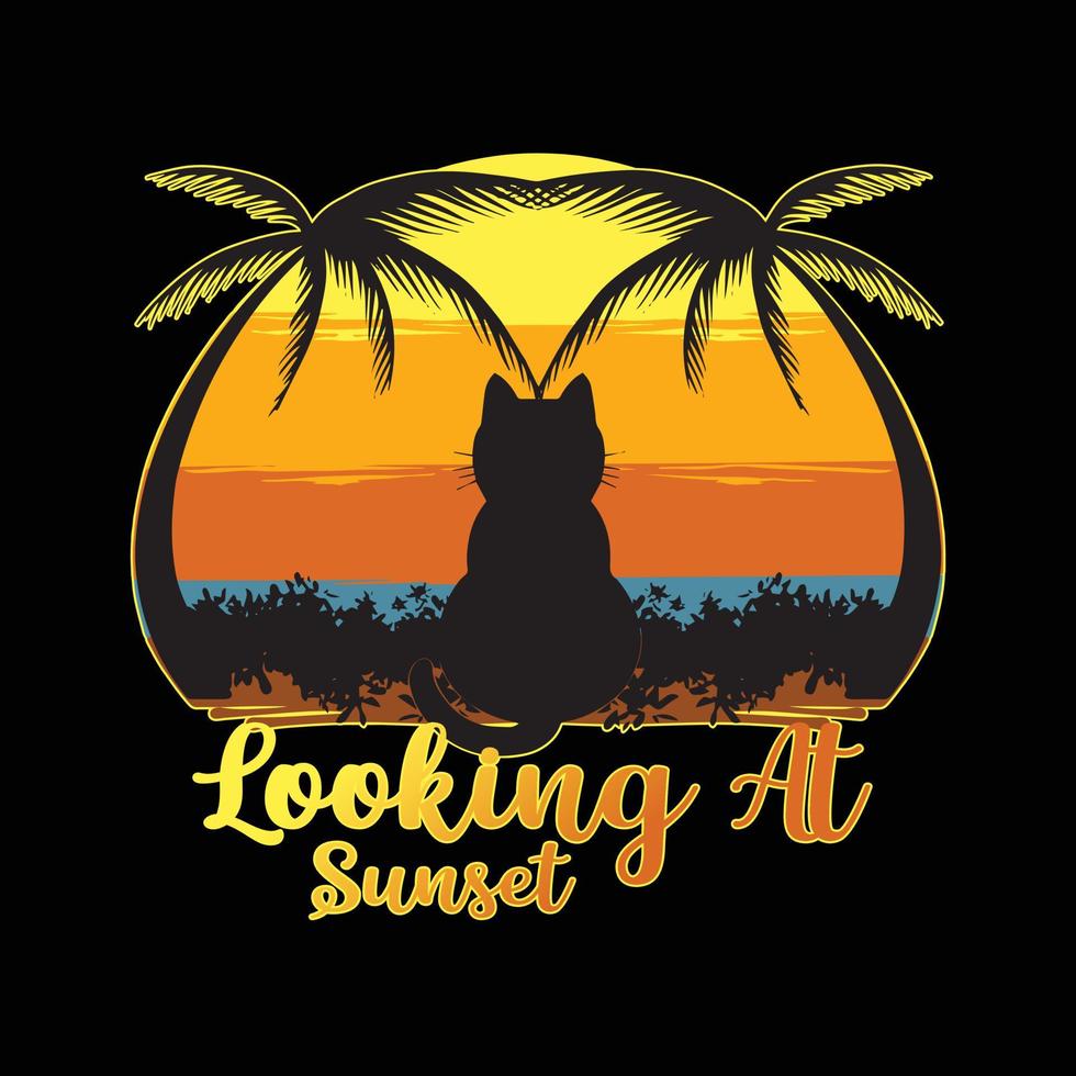 chat regardant le design de t-shirt et d'autocollant au coucher du soleil vecteur