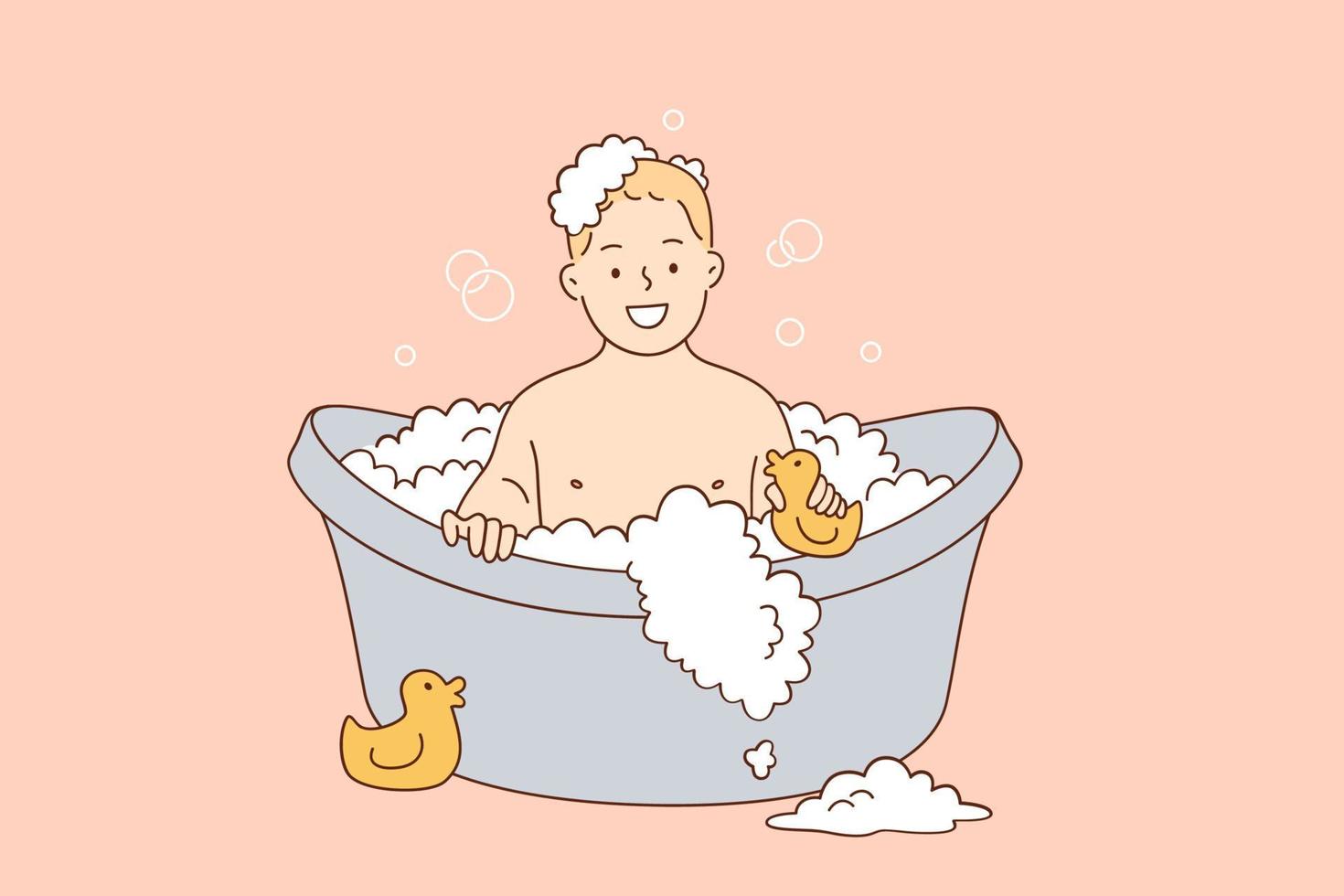 concept d'hygiène et de soins pour les enfants. heureux garçon riant enfant prenant un bain jouant avec des bulles de mousse assis dans l'illustration vectorielle de la salle de bain vecteur