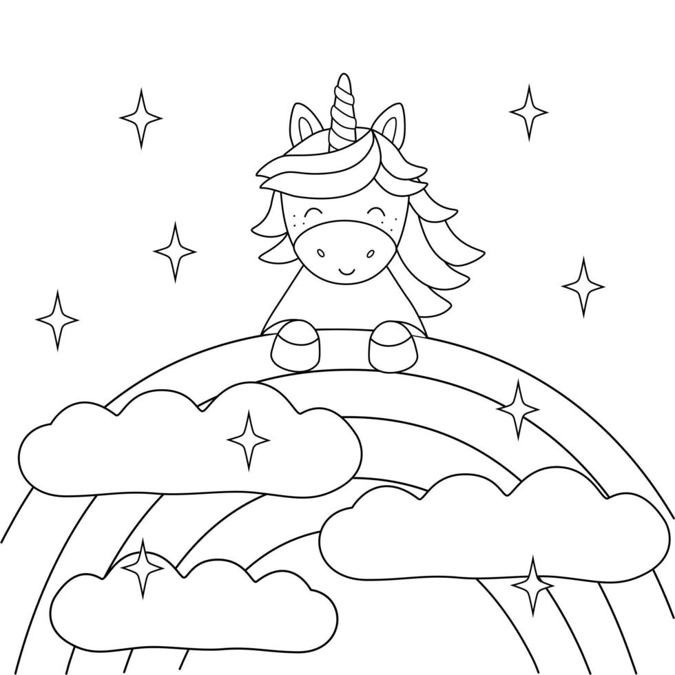 licorne mignonne sur un arc-en-ciel. page de coloriage avec un animal pour les enfants. vecteur