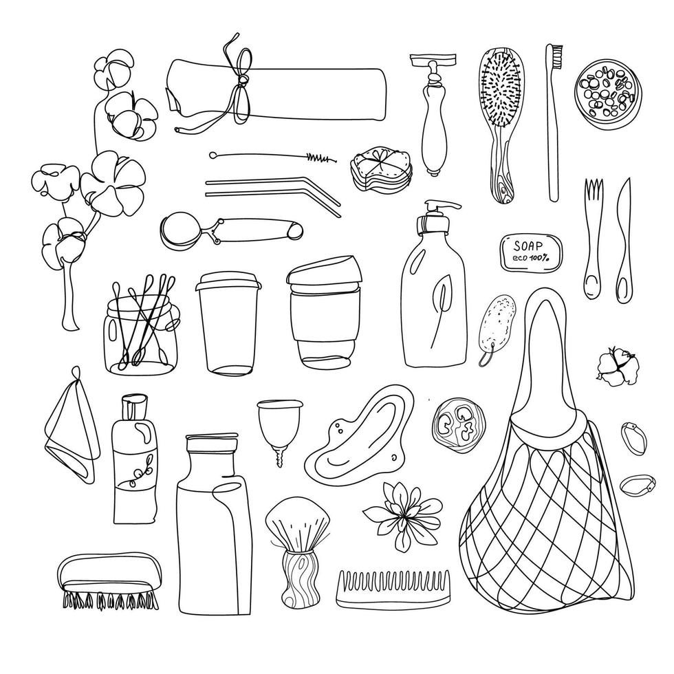 collection d'articles durables et réutilisables zéro déchet, coton, verre, sacs d'épicerie écologiques, peigne, brosse à dents et brosses, coupe menstruelle, etc. vecteur