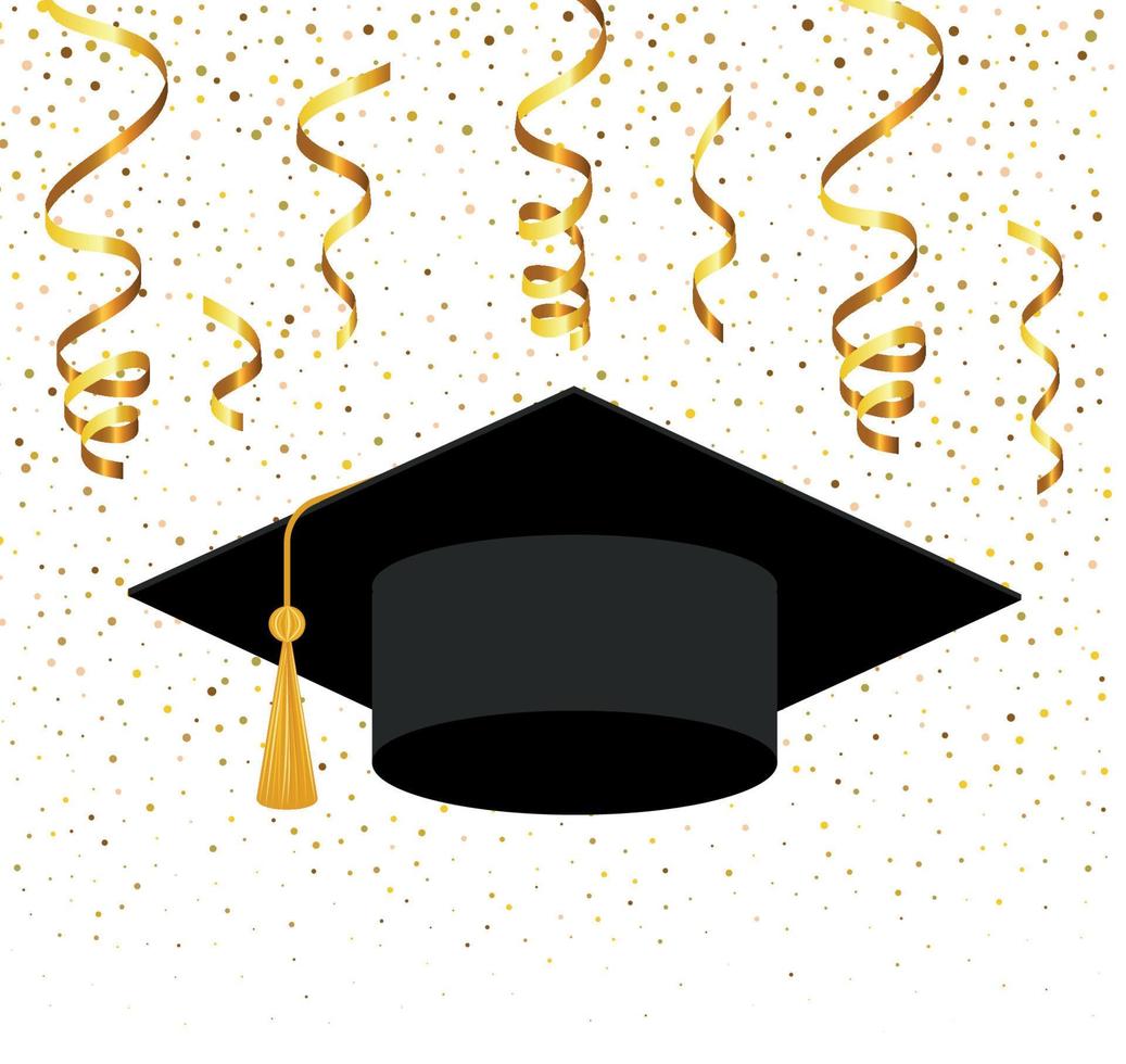 casquette et diplôme d'études supérieures avec chute de confettis dorés sur fond vecteur