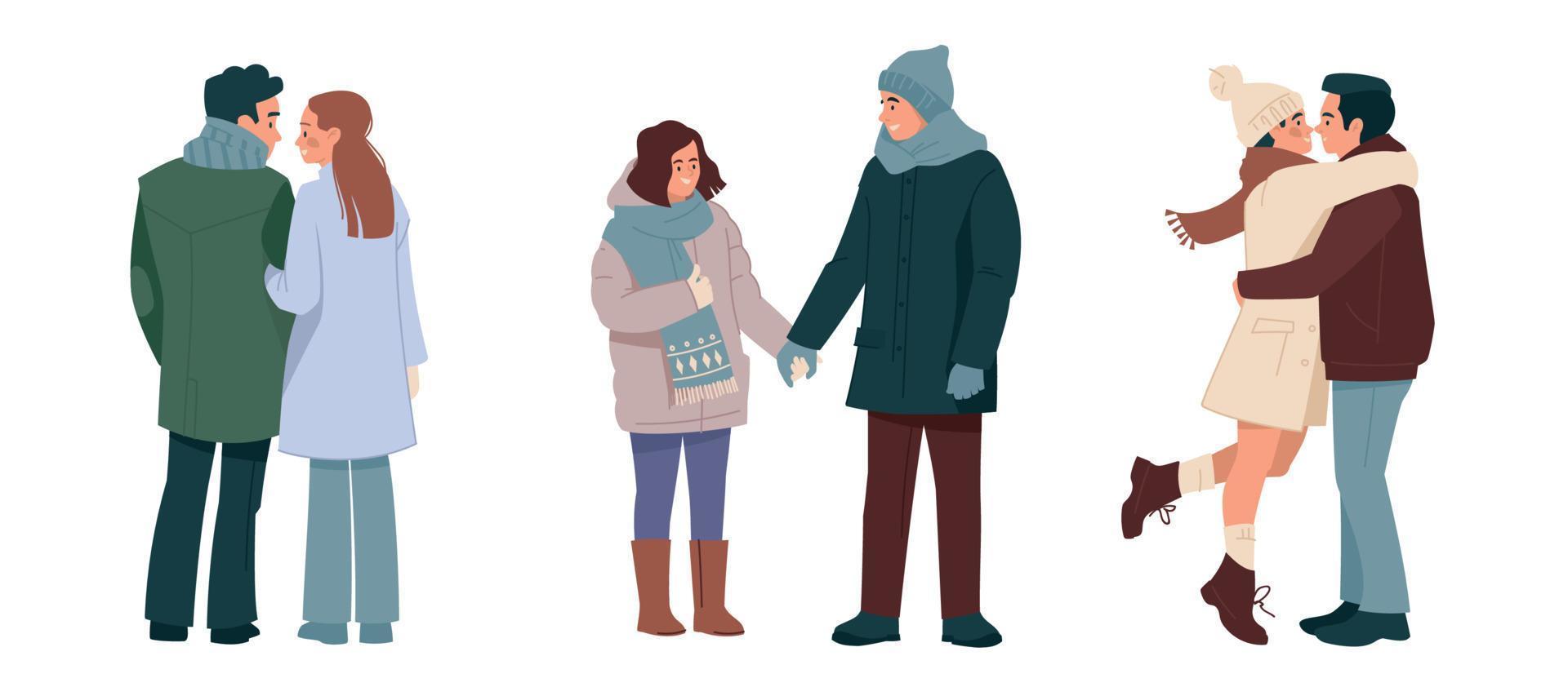 étreindre les couples en vêtements d'hiver. un homme et une femme amoureux, une famille heureuse en promenade. roman d'hiver. appartement. ensemble d'illustrations vectorielles. vecteur