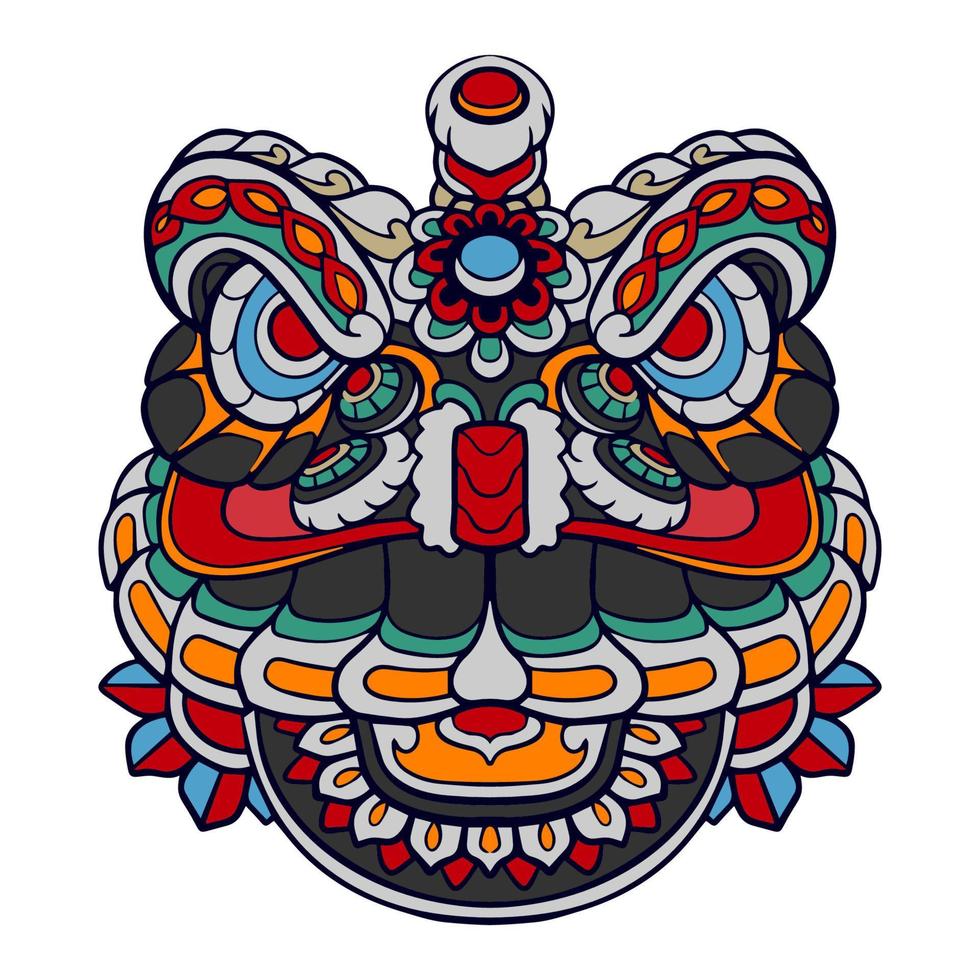 Arts du mandala de dessin animé de danse du lion coloré isolés sur fond blanc vecteur