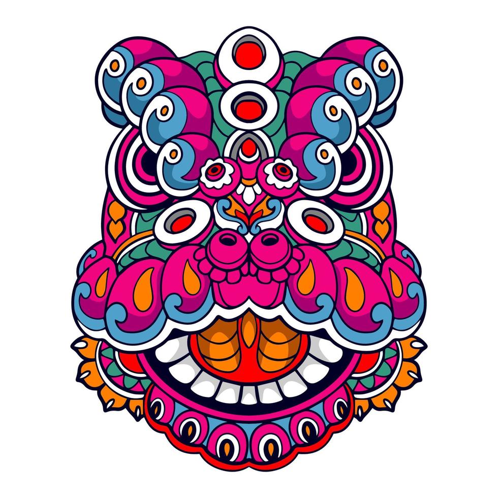 Arts du mandala de dessin animé de danse du lion coloré isolés sur fond blanc vecteur