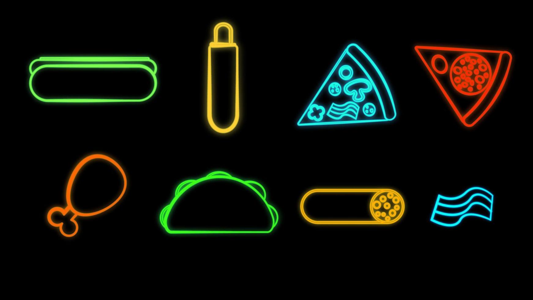 ensemble multicolore brillant au néon de huit icônes de plats délicieux et de collations pour le restaurant, le café, le hot-dog, la pizza, la cuisse de poulet, le burrito, la saucisse, le bacon vecteur
