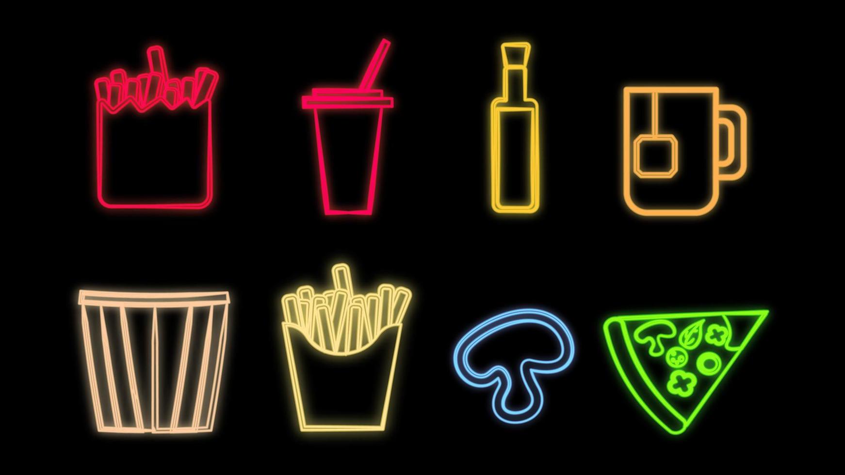 ensemble multicolore brillant au néon de huit icônes de plats délicieux et de collations pour le restaurant bar café frites, soda, huile d'olive, thé, pop-corn, champignon, pizza vecteur