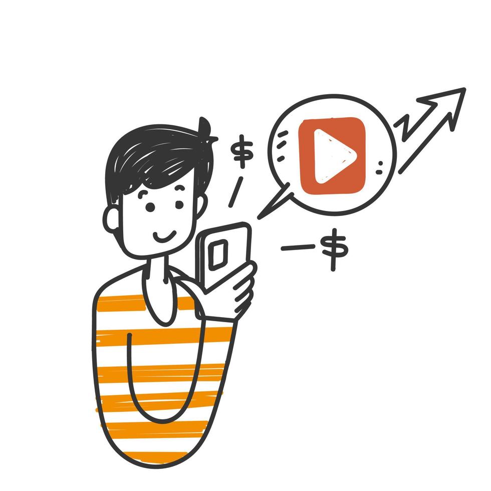 main doodle dessiné personne tenir le téléphone avec lecture vidéo bouton illustration vecteur