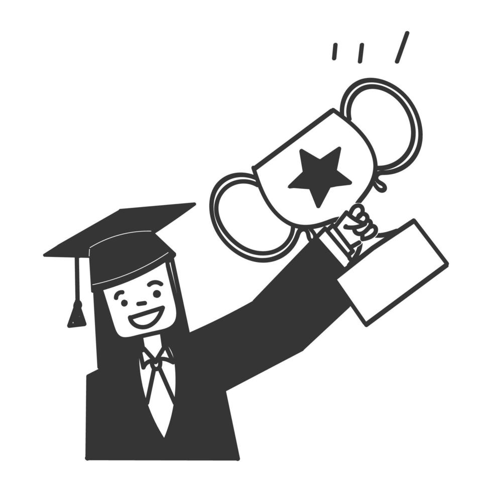 fille doodle dessinée à la main avec trophée et illustration de la robe de graduation vecteur