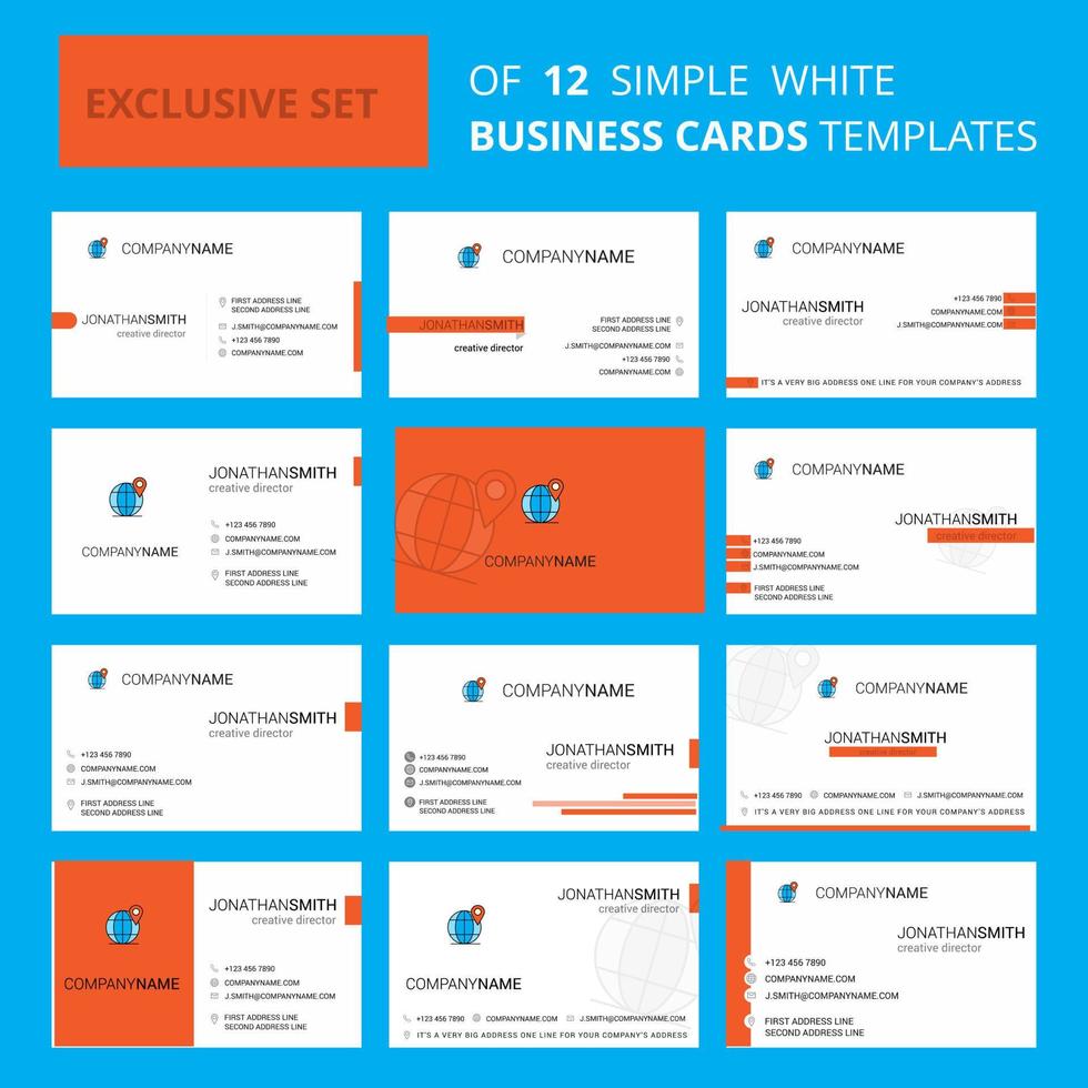 ensemble de 12 modèles de cartes de bus créatifs globe logo créatif modifiable et fond de carte de visite vecteur