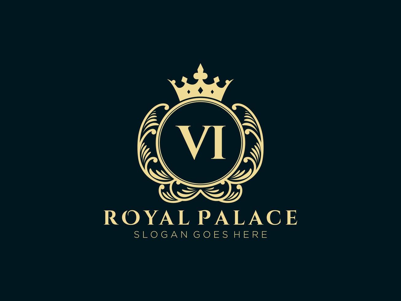 lettre vi logo victorien de luxe royal antique avec cadre ornemental. vecteur