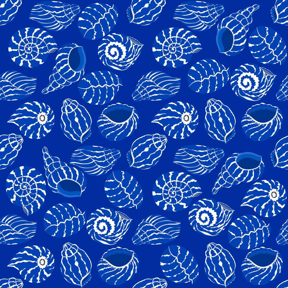 modèle sans couture de vecteur avec coquillage bleu, illustration abstraite coquillages dessin sur fond bleu pour l'impression de textiles de tissu de mode, papier peint et emballage de papier