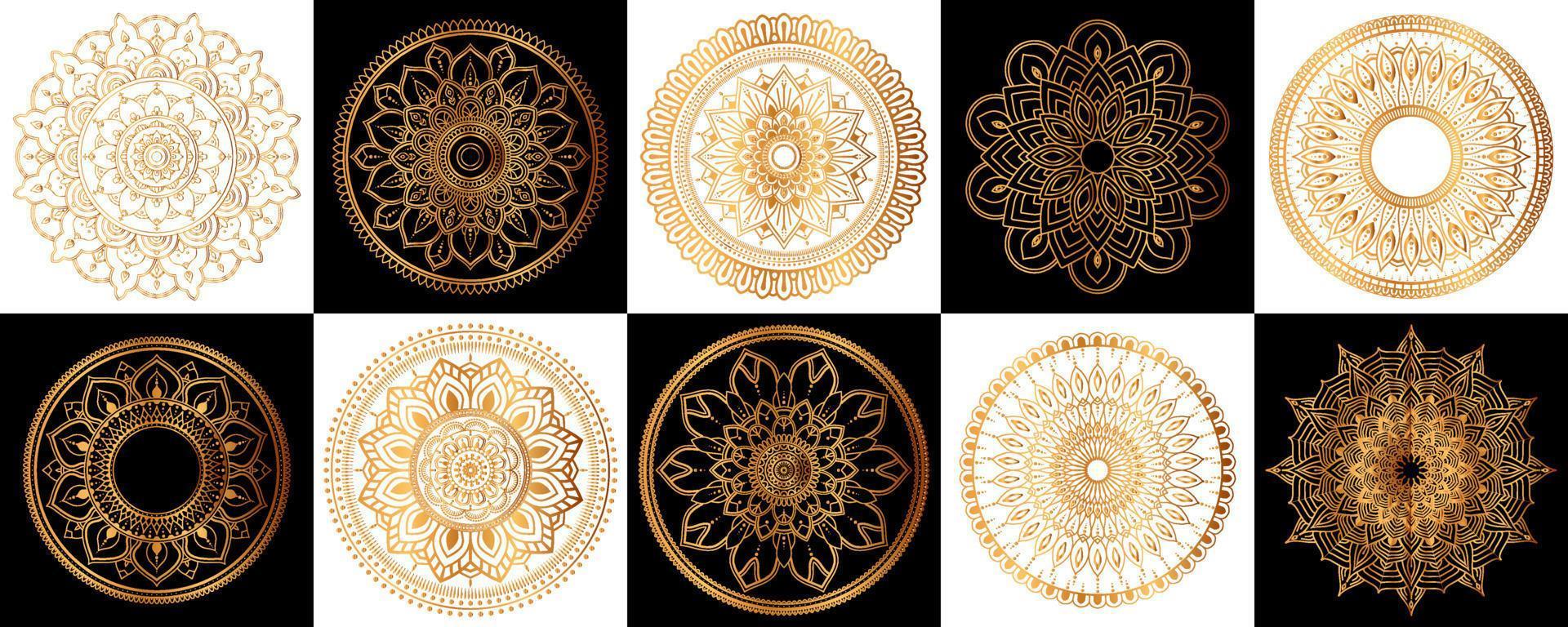 ensemble de mandalas zentangle dorés, mandala pour henné, mehendi, tatouage, éléments décoratifs ornementaux ethniques, motifs orientaux vecteur