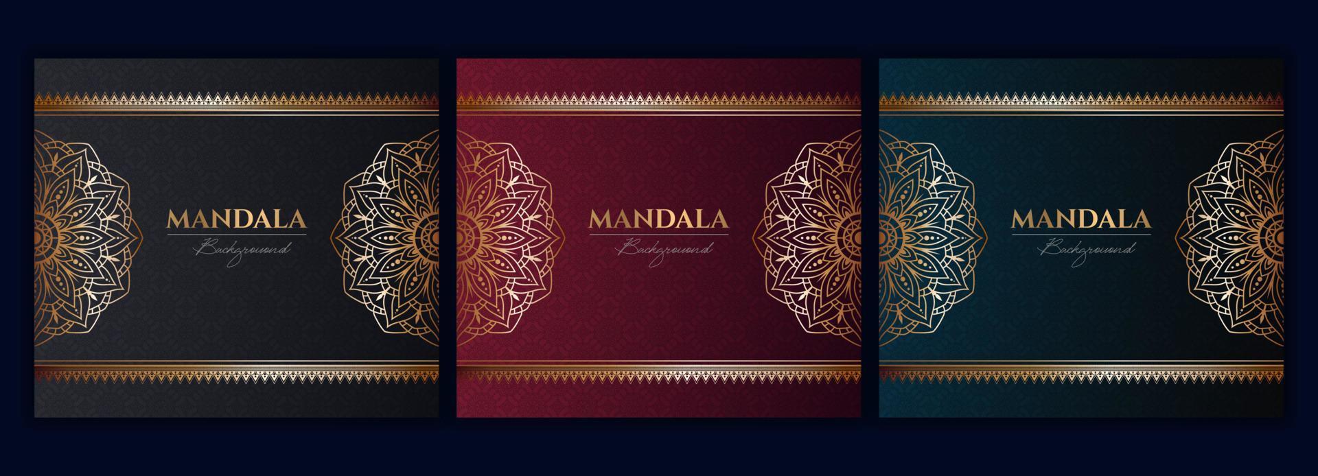 ensemble de modèle de vecteur de fond de mandala de luxe or abstrait, motif arabesque ornemental circulaire pour affiche, couverture, brochure, dépliant. fond rouge, vert, bleu avec élément de mandala floral ethnique